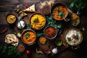 Assorted various Indian food on a dark rustic background. Traditional Indian dishes Chicken tikka masala, palak paneer, saffron rice, lentil soup, pita bread and spices. Square photo, generative AI