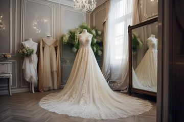Fototapeta na wymiar Sweet modern white wedding dress in the luxury room. Super photo realistic background, generative ai illustration