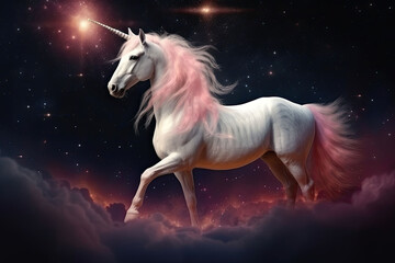 Fototapeta na wymiar The unicorn with a pink mane and tail in a magical space. Generative AI