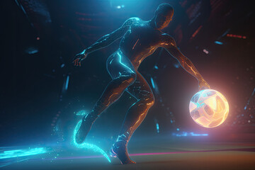 The robot plays football. A futuristic robot soccer player playing with a glowing soccer ball. Generative AI