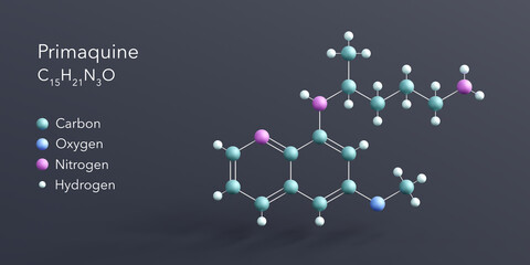 primaquine molecule 3d rendering, flat molecular structure with chemical formula and atoms color coding
