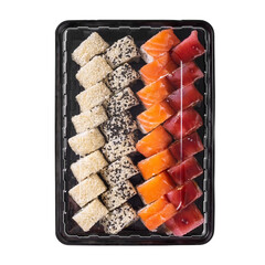 Sushi set with wasabi, ginger and soy sauce served in plastic box takeaway. Assorted of Japanese...