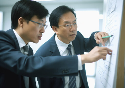 Asian business employees are discussing a business project looking at data graphs. Ai generated
