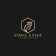 A line art owl logo in a hexagon frame