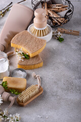 Eco cleaning with bottles, brushes and sponges