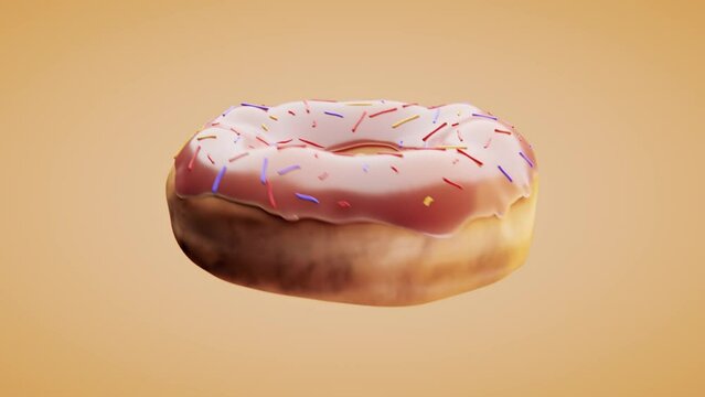 The spinning donut with chocolate icing. 
Seamless loop video, orange background, 3D render.