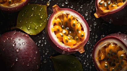 Fresh passion fruit with water drops on black background. Close up
