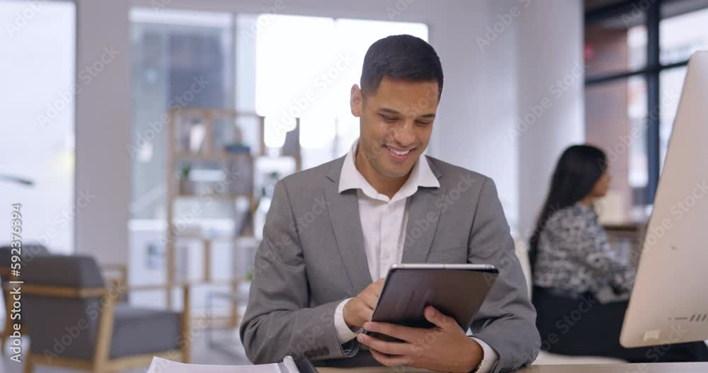 Aufkleber Happy business man, tablet and planning in office for productivity, data insight and internet research. Male worker scroll on digital app for website strategy, online management or trader information