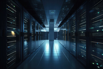Fototapeta premium Big data center with server racks. Server room interior. Digital technology hardware. Created with Generative AI