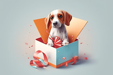 Cute dog looking out from gift box. Pet as present. Puppy inside box with festive ribbons. Generative AI