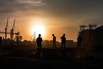 Fototapeta premium Engineers silhouettes at construction site. Builder workers team at sunset. Urban infrastructure development. Created with Generative AI