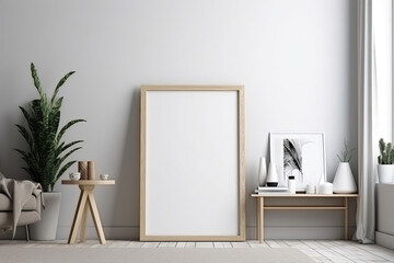 Empty white frame mock up on wall. Modern scandinavian style interior with wooden furniture. Blank for template with copy space. Created with Generative AI