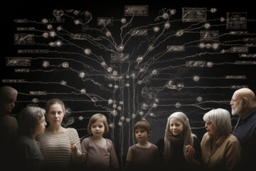 Younger generation stands in front of family tree with portraits of relatives. Genealogical history of generations, preservation of the memory of relatives. Created with Generative AI