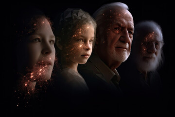 Different generations of family stand together against dark abstract background. Genealogical history of generations, preservation of the memory of relatives. Created with Generative AI