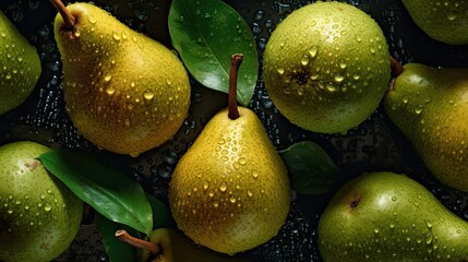 Fototapeta na wymiar Fresh pear with water drops on black background. Close up