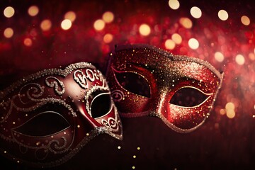 Carnival Party - Venetian Masks On Red Glitter With Shiny sparkle 