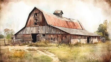 Obraz premium Rustic Old Barn Watercolor. Generative AI