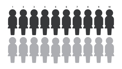 1から10までの数字と色分けした10人×2グループの女性の全身人型アイコン･ピクトグラムのセット
