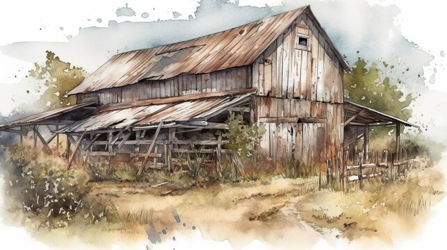 Rustic Old Barn Watercolor. Generative AI