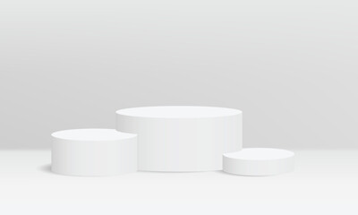 3d display product minimal scene with geometric podium platform. Abstract white 3D room with realistic white cylinder pedestal podium. Stage showcase on pedestal display beige background studio
