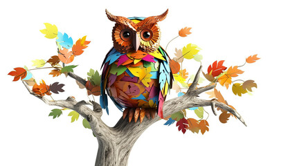 Isolated Colorful 3D Owl On Tree With White Background, Generative Ai
