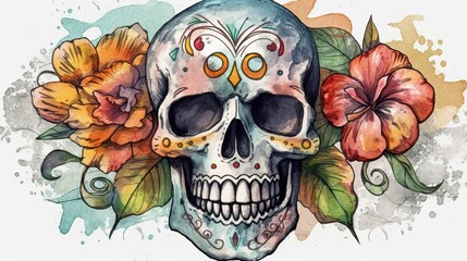 Sugar Skull Watercolor. Generative AI