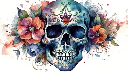 Fotobehang Aquarel doodshoofd Sugar Skull Watercolor. Generative AI
