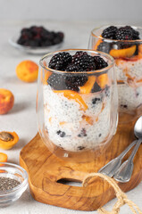 Chia pudding with blackberries and apricots in two glass on wooden board on gray background