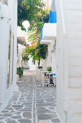 Naoussa typical white street, small village on Paros island, Greece