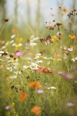 Wild herbal and flowers meadow with butterflies. generative ai