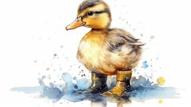 Duckling in Rain Boots Watercolor. Generative AI