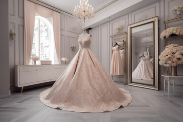 Sweet modern white wedding dress in the luxury room. Super photo realistic background, generative ai illustration