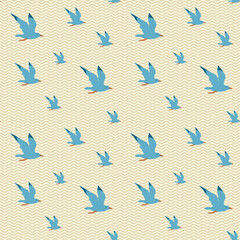 Seamless sea pattern with flying nautical birds - marine seagulls. Vector summer background in retro style, suitable for wallpaper, wrapping paper, fabric, travel design
