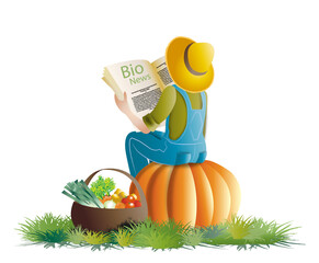 Jardinier  de dos, assis sur une citrouille, qui lit un magazine de news bio, panier de fruits et légumes posé au sol