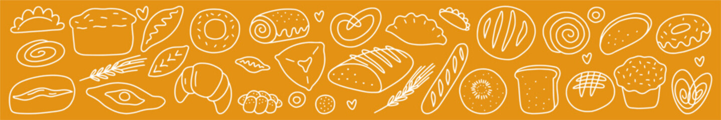 Vector collection of pastries and bread with a doodle-style drawn line