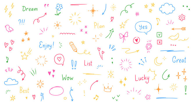 Doodle cute glitter pen line color elements. Doodle heart, arrow, star, sparkle decoration symbol set icon. Simple sketch line style emphasis, attention, pattern elements. Vector illustration