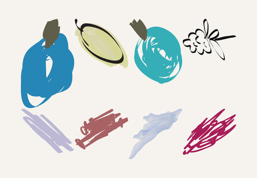 Set of Artistic Hand Drawn Fruits Flowers and Scribbles