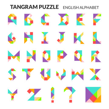 Tangram puzzle game. English alphabet vector set.