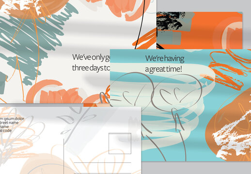 Postcard Layout with Hand Drawn Abstract Brush Strokes and Floral Elements