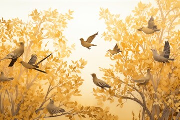 Autumn background with yellow leaves and birds. Generative AI