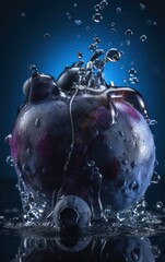 Fototapeta na wymiar Fresh plums with water splash on dark blue background. Healthy food concept. Generative AI