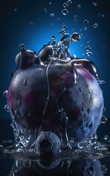 Fresh plums with water splash on dark blue background. Healthy food concept. Generative AI