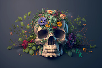 Human Skull with flowers and leaves. A Perfect Representation of Life and Death, generative AI