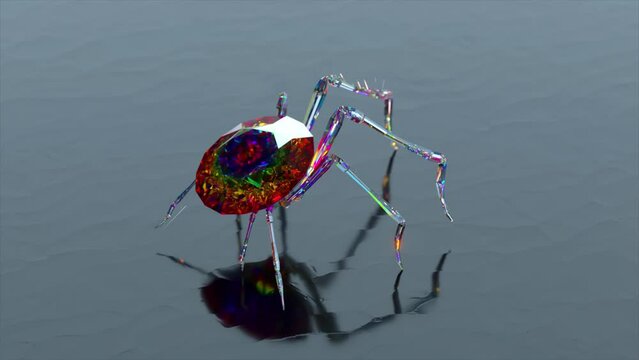 Diamond spider close-up. Body made of large diamond stone. Ruby. Walking. Diamond spider legs. Abstract background. 