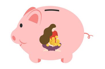 Flat design of rich woman save money vector, woman’s saving salary in piggy bank, flat design of financial management, Save money in piggy bank vector, money management vector, huge piggy bank vector.