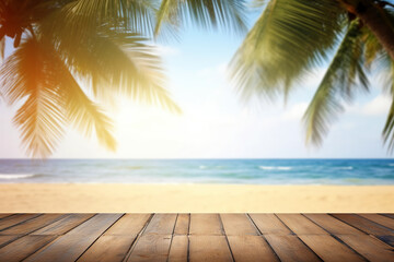 Empty wooden table on a beautiful blured tropical beach background. generative ai. Summer holiday background for product display
