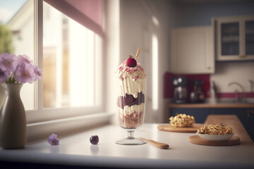 fresh and vibrant ice crean sundae on a modern spacious kitchen counter top,  Created using generative AI tools.