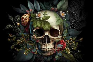 Human Skull with flowers and leaves. A Perfect Representation of Life and Death, generative AI