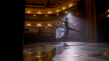Graceful ballerina dances with partner in training suit and rehearses choreography moves on theater stage. Couple of ballet dancers practice before performance. Classical ballet art concept. Handheld. © Framestock