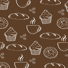 Coffee time, cup cake, donut, bread vintage style background